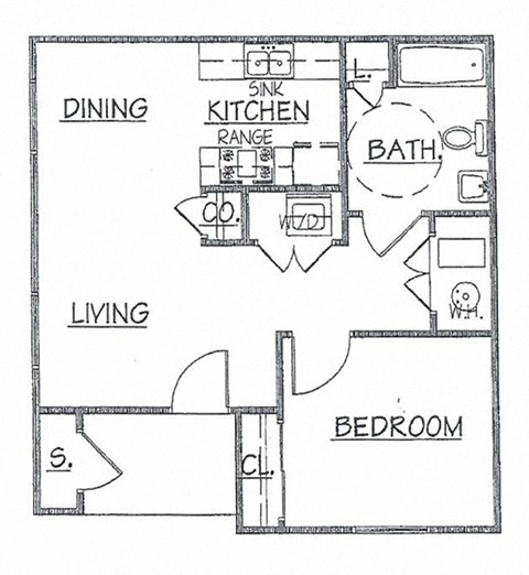 Floor plan for 1 bed, 1 bath, 583 sqft